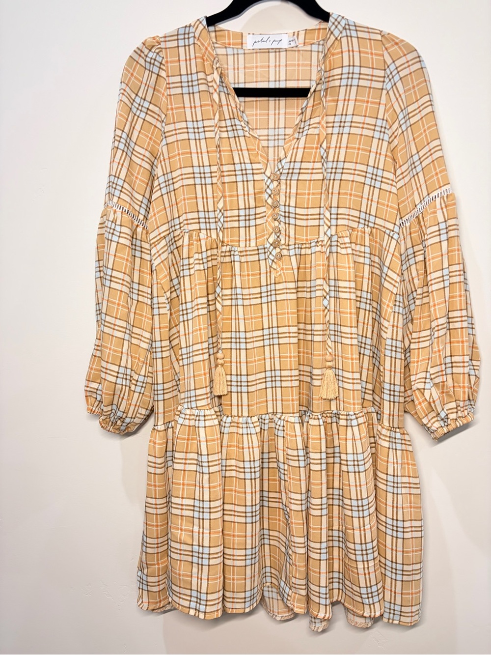 Petal & Pup Plaid Babydoll Dress in Beige